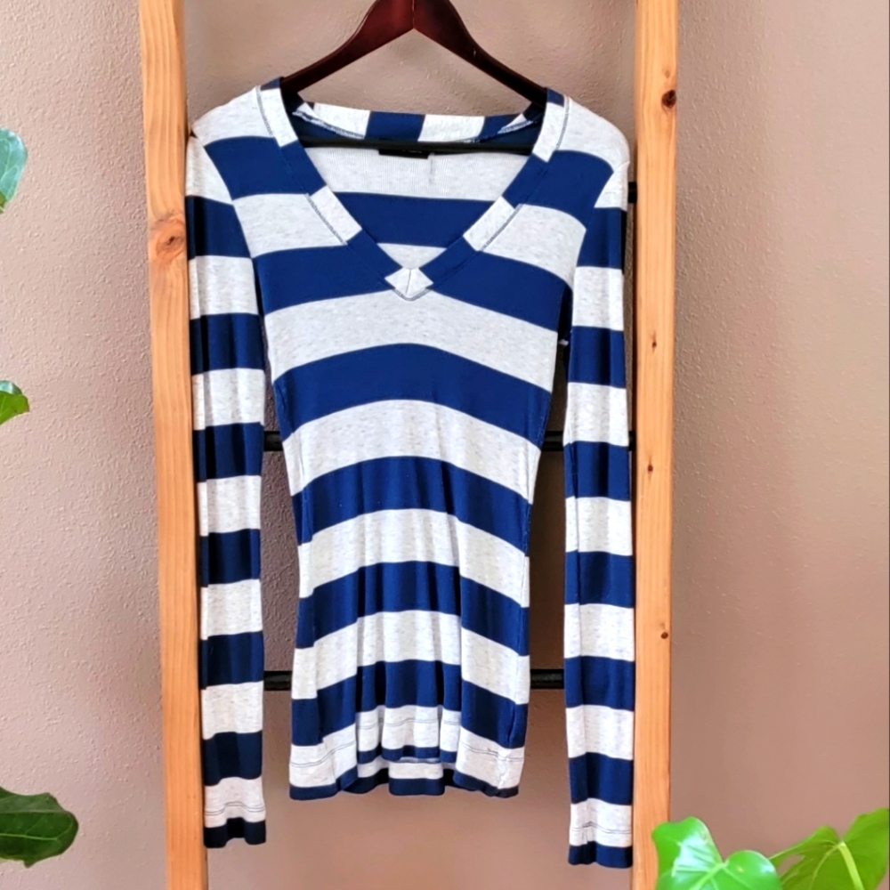 Wantable Long Sleeve, V-Neck, Blue-Striped Tee